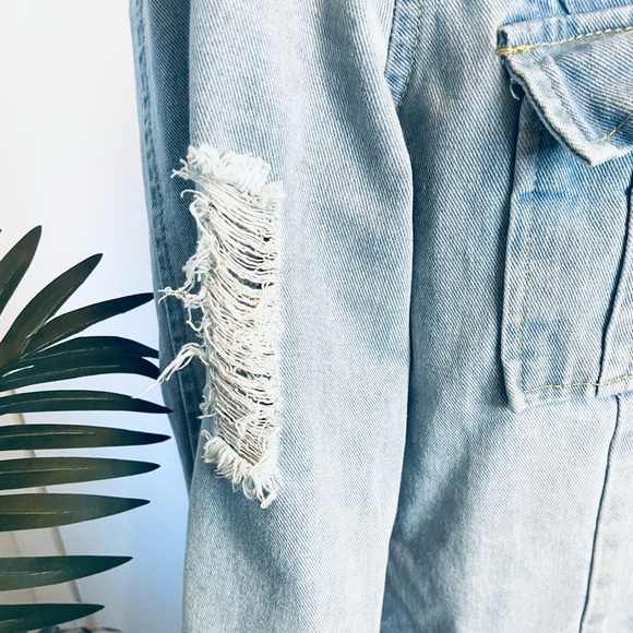 Light Wash Distressed Denim Long Jacket - Picture 7 of 13